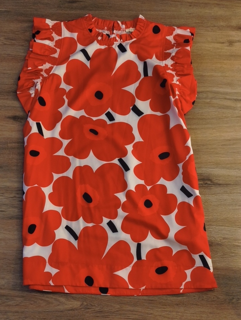 JODIFL Red and White Floral Ruffle Neck Top